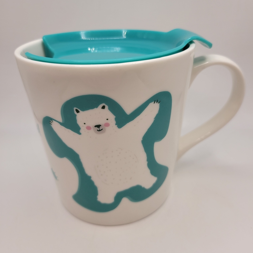 2015 Caribou Coffee Mug With Lid 16 Oz “Snow What Fun It Is!” Bear Winter Trees